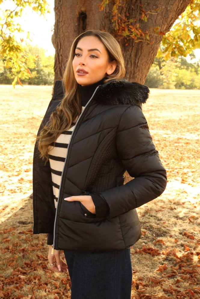 Double Second Black Padded Short Belted Puffer
