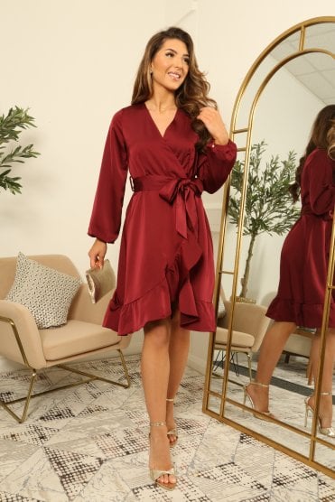 Frill Satin Wrap Dress