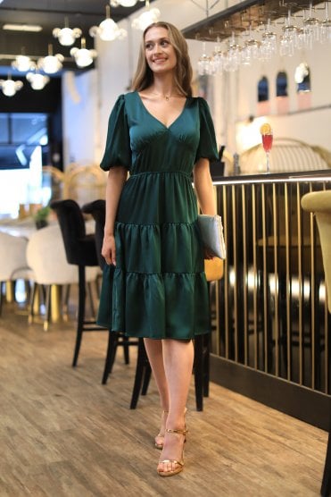 Green Satin Puff Sleeve V-Neck Tiered Dress
