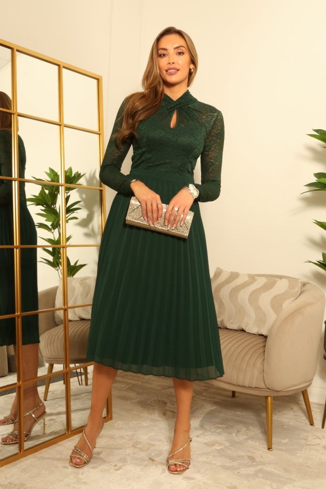 Double Second Long Sleeve Twist Lace Neck Midi Dress