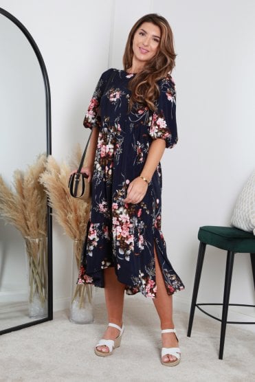 Navy Floral Printed A-Line Tiered Dress