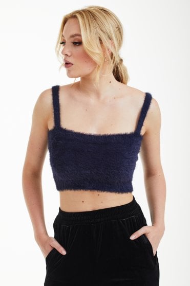 Navy Fluffy Knit Crop Top