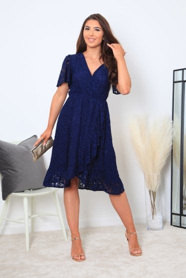 Navy Lace Wrap Dress