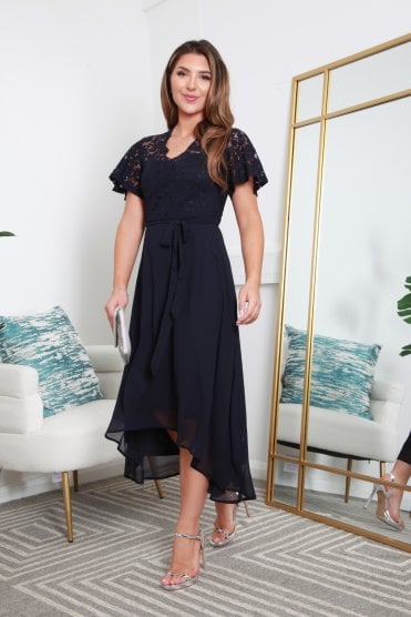 Navy Lace Wrap Front Dip Back Dress