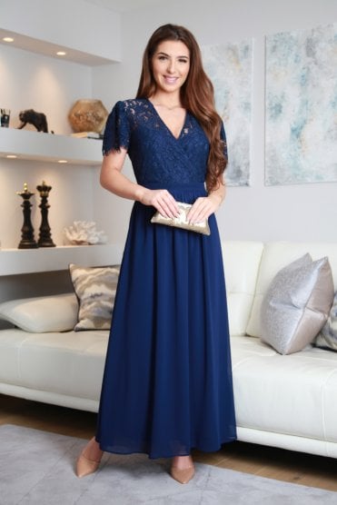 Navy Lace Wrap Front Maxi Dress