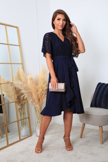 Navy Wrap Lace Dress With Frill Hem