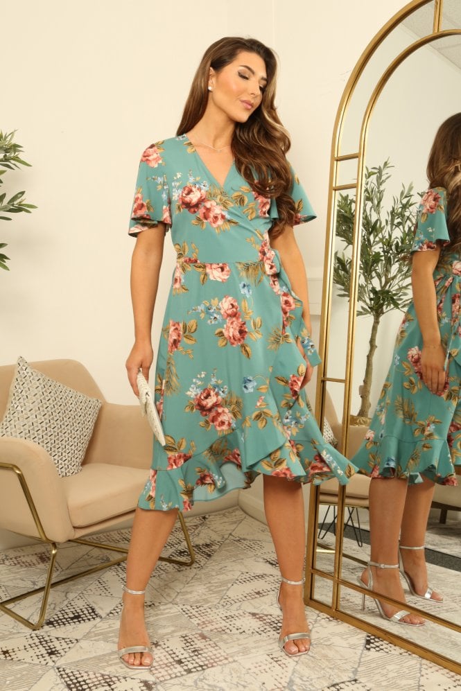 Double Second Printed Frill Hem True Wrap Dress