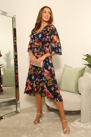 Printed Wrap Dress with Frill Front