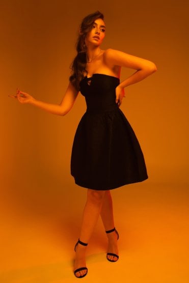Black Jacquard Strapless Skater Dress